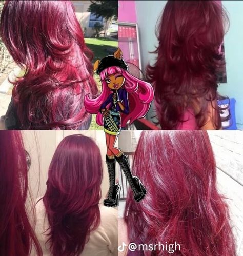 Monster high dark pink butterfly cut hair idea Monster High Hair Dye, Black With Pink Hair, Dark Pink Hair Color, Butterfly Cut Hair, Cherry Pink Hair, Dark Pink Butterfly, Monster High Hair, Dark Pink Hair, Dye Inspiration