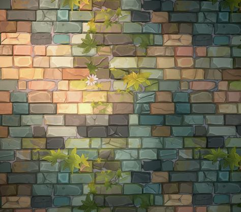 ArtStation - Stylized fantasy Brick wall, Dylan Salvalaio Drawing Stone Walls, Cartoon Brick Wall, Brick Wall Illustration, Draw Bricks, Fantasy Texture, Brick Wall Drawing, Stylized Background, Blender Texture, Map Elements