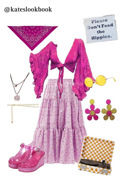 70s Cottagecore Aesthetic, Pink Earthy Outfit, Pink Hippie Outfit, Pink 70s Outfit, Hippie Aesthetic Outfit, Earthy Aesthetic Outfits, Hippy Outfits, Hippie Outfits 70s, Hippie Style Outfits