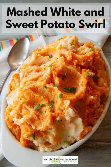 Mashed White and Sweet Potato Swirl Recipe | Salad in a Jar Mashed Sweet Potato Casserole Recipe, White Sweet Potato Recipe, Potatoes Salad, Sweet Potato Recipes Mashed, Sweet Potato Mash, Yams Recipe, Mashed Potato Casserole, Thanksgiving 2022, Mash Recipe