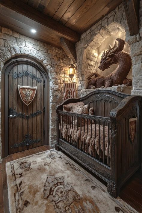 29 Western Gothic Nursery Ideas to Inspire Your Little One's First Sanctuary 11 Fantasy Nursery Theme, Gothic Nursery Ideas, Viking Nursery, Medieval Nursery, Wallpapers Dragon, Dragon And Knight, Sir Percival, Tudor Decor, Dark Western