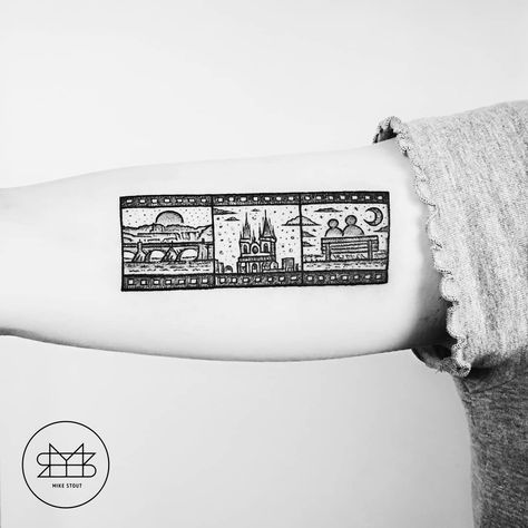 'The Photo Panel' / by MIKE STOUT / 'PANEL STRIP' Design /  Forearm tattoo Photo Booth Strip Tattoo, Filmstrip Tattoo, Film Strip Tattoo, Polaroid Frame Tattoo, Film Roll Tattoo, Arrow Tattoos For Women, Camera Tattoos, Framed Tattoo, City Tattoo