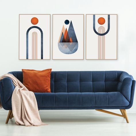 Blue And Orange Living Room, Burnt Orange Living Room, Blue Couch Living Room, Trio Matching, Navy Living Rooms, Navy Blue Living Room, Navy Blue Wall Art, Navy Blue Walls, Blue Couches