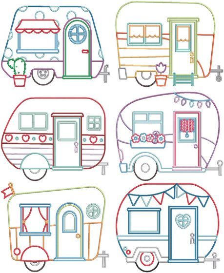 Camper Life | Machine Embroidery Designs by JuJu Embroidery Border Patterns, Camper Applique, Camper Quilt, Vintage Embroidery Patterns, Free Applique Patterns, Border Patterns, Camper Art, Silk Ribbon Embroidery Patterns, Designs By Juju