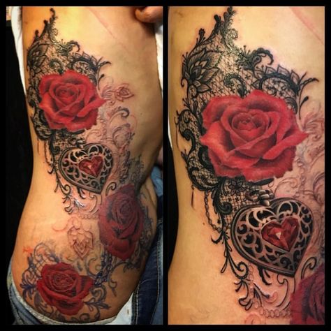 Heart With Rose Tattoo, Roses And Lace Tattoo, Lace Tattoo Design Vintage, Tattoos For Women On Thigh, Lace Sleeve Tattoos, Heart With Rose, Pictures Of Tattoos, Realistic Rose Tattoo, Lace Tattoo Design