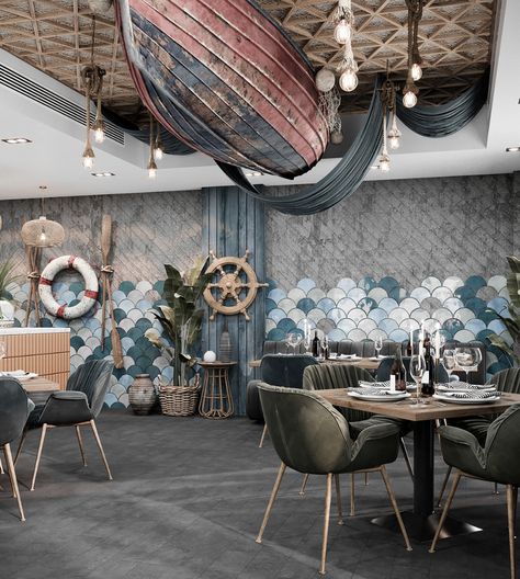 Restaurant on Behance Small Restaurant Design, Seafood Shop, Modern Restaurant Design, Fish Restaurant, Outdoor Restaurant Design, Restaurant Flooring, Mediterranean Interior, Decoration Restaurant, Restaurant Concept