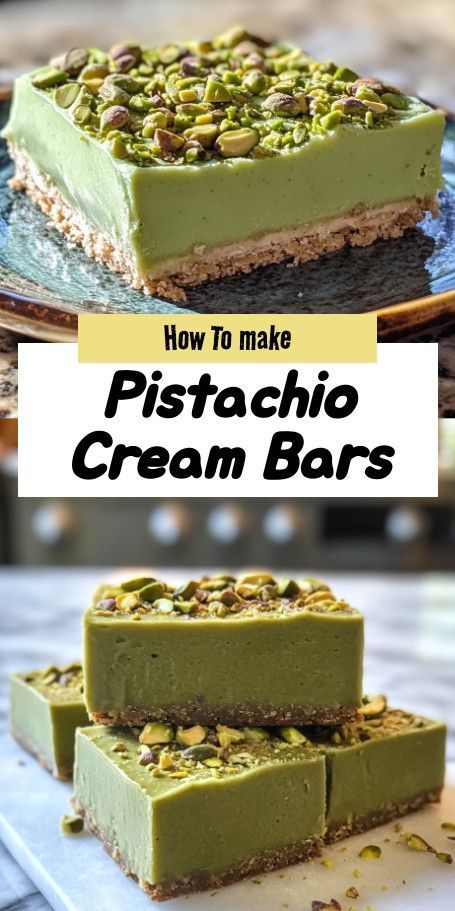 Satisfy your sweet tooth with our Pistachio Cream Bars! These delightful treats feature a buttery shortbread base topped with a rich pistachio cream and sprinkled with crunchy nuts. Perfect for any occasion, they’re a taste of luxury you can easily make at home. Get the recipe now! Christmas Pistachio Dessert, Pistachio Cream Recipe Desserts, Pistachio Cream Dessert, Pistachio Squares, Pistachio Nougat Recipe, Pistachio Dessert Recipes, Pistachio Tiramisu Recipe, Pistachio Delight, Pistachio Recipes Desserts