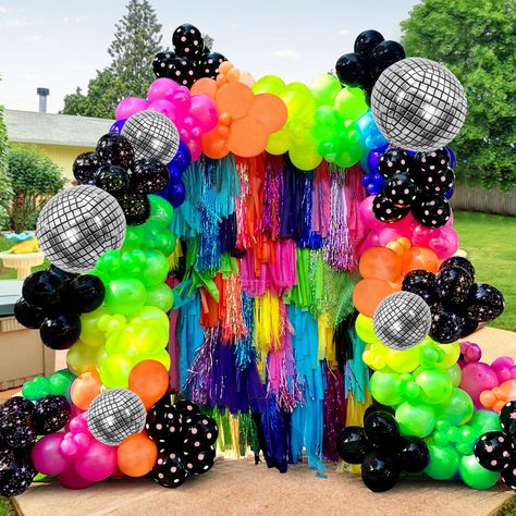 PRICES MAY VARY. PACKAGE: The package contains 5pcs disco balloons,20pcs hot pink balloons,20pcs orange balloons,20pcs purple balloons,20pcs dark blue balloons,20pcs yellow balloons,20pcs green balloons,20pcs black balloons,20pcs neon balloons and 2pcs ribbon rolls,3pcs dot glue. EASY TO USE: With the included tools, assembling your own rainbow balloon arch is quick and easy for fun with your family and friend.The fun colors create a great atmosphere that will make all your photos with excitemen 40th Birthday Dance Party, Disco Float Parade, Disco Parade Float, Decade Decorations, Rainbow Disco Party, Disco Balloon Arch, Color Theme Party Ideas For Adults, 90s Disco Party, Neon Disco Party