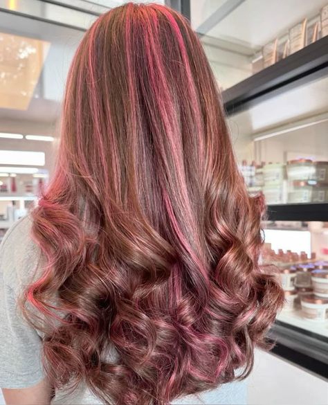 Pink On Brunette Hair, Brown With Pink Underneath, Brown Hair With Fun Colors, Curly Pink Highlights, Dirty Blonde Hair With Pink Highlights, Fun Summer Hair Color For Brunettes, Straight Dyed Hair, Pink Highlights On Brown Hair, Pink Lowlights In Brown Hair