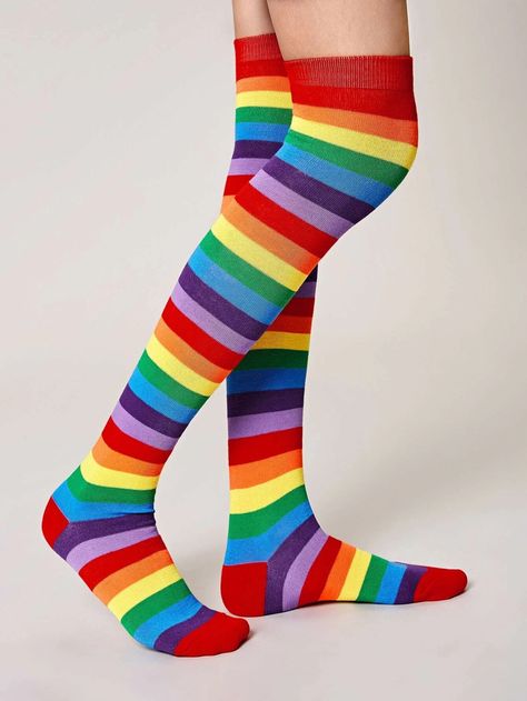 1pair Women's Multicolored Rainbow Striped Over Knee High Socks For Everyday Wear for Sale Australia| New Collection Online| SHEIN Australia Rainbow Socks, Striped Stockings, Sock Outfits, Rainbow Outfit, Green Blue Purple, Over The Knee Socks, Sheer Tights, Cotton Fashion, Striped Socks