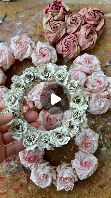 Heinz & Brummel on Instagram: "Wreaths of small paper roses - all made of old book pages 📖 
•
•
•
#paper #paperroses #upcycling #booklover #reading #recycling #sustainability #bookstagram #heinzundbrummel #etsyshop #etsymaker" Book Page Roses, Paper Roses Diy, Book Page Wreath, Flower Shapes, Old Book Pages, Old Book, Paper Roses, Old Books, Book Page