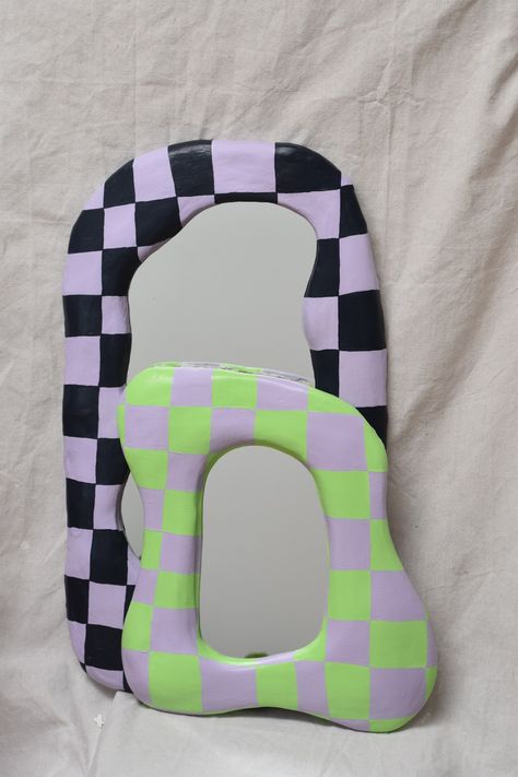 These hand painted checkered mirrors are giving color and fun and also just make me happy Clay Mirror Frame, Checkered Mirror, Super Clay Art, Clay Flower Mirror, Art Drawings Painting, Navy And Lavender, Aesthetic Sketches, Super Clay, Foam Mirror