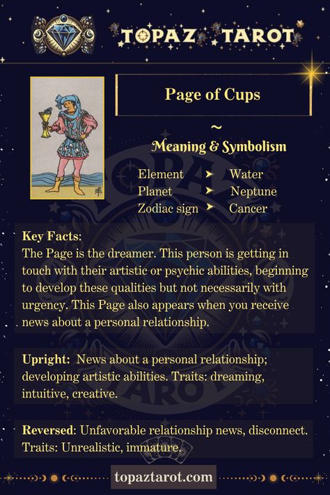 Discover the beauty of innocence and curiosity with the page of Cups. Allow yourself to be open to new experiences and let your imagination lead the way. #thetopaztarot #tarot #pageofcups #tarotwisdom #adventureawaits Page Of Cups Tarot Meaning, Page Of Cups Tarot, Cups Tarot Meaning, Page Of Cups, Page Of Wands, Tarot Guidebook, All Tarot Cards, Tarot Interpretation, Card Meanings