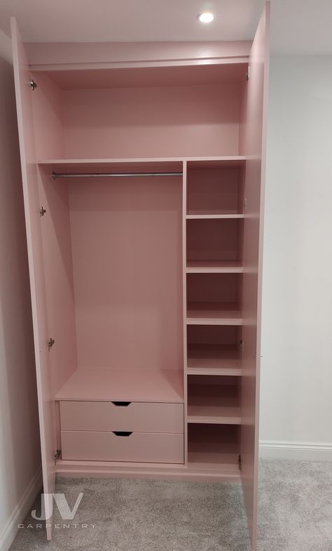 Wardrobe Idea For Small Room, Shelves For Clothes In Bedroom, Wardrobe Design Bedroom Small Space, Built In Wardrobe Shelving Ideas, Small House Wardrobe Ideas, Woredrobe Designs Small, Pink Wardrobe Bedroom Closet Ideas, Small Wodrob Design Bedroom, Closet Design Ideas Small