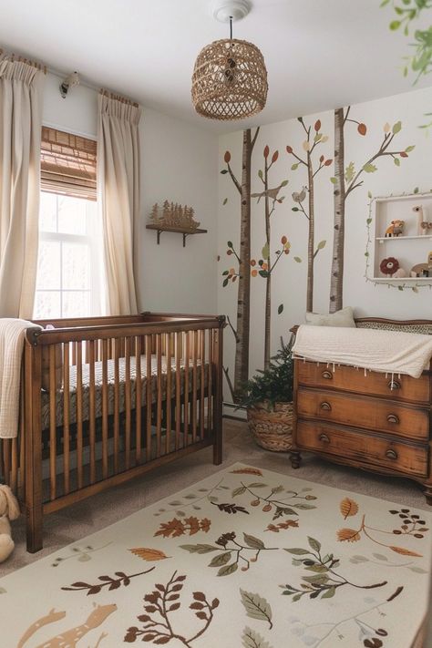 29 Vintage Inspired Nursery Ideas for a Timeless Baby Room 12 Nursery Ideas Wood Crib, Old Winnie The Pooh Nursery, Mid Century Baby Nursery, 100 Acre Woods Nursery, Dark Wood Nursery Furniture, Rustic Winnie The Pooh Nursery, Cottagecore Baby Nursery, Vintage Baby Nursery Ideas, Cottage Core Baby Room