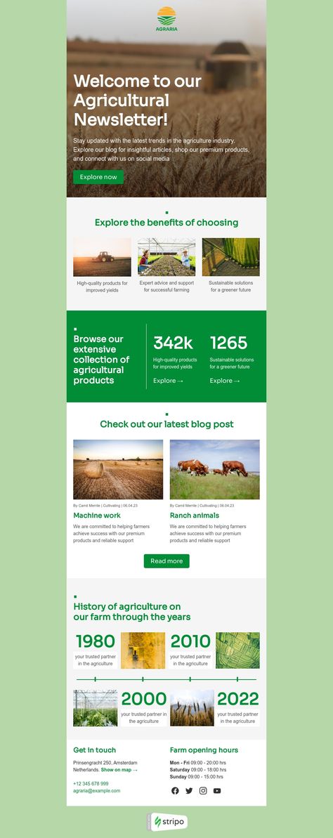 Promo email template "Agricultural newsletter" for agriculture industry. Create professional and responsive emails fast with no HTML skills. Explore our Email Templates for an impressive design. Follow us on Pinterest for more inspiration and tips. 🤗 #promo #emailinspiration #stripoemail #emailtemplates #emailmarketingdesign #emailmarketing #newsletterdesign Email Campaign Design, Email Newsletter Inspiration, Newsletter Design Inspiration, Promo Email, Mailing Design, Newsletter Inspiration, Email Template Design, Responsive Email, Agriculture Industry