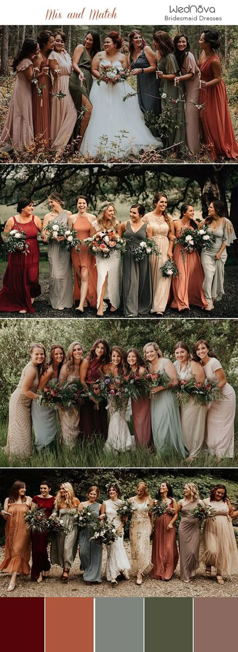 Bridesmaid Dresses Color Palette, Matching Bridesmaids Dresses, Earth Tone Wedding, Matching Bridesmaids, Fall Bridesmaids, Fall Bridesmaid Dresses, Bridesmaid Colors, Mismatched Bridesmaids, Wedding Themes Fall