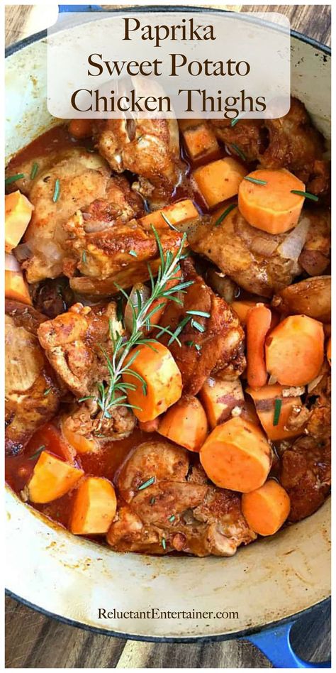 Paprika Sweet Potato Chicken Thighs #paprikachicken #chickenthighs #sweetpotatochicken Chicken Thigh Stew, Crock Pot Sweet Potatoes, Sweet Potato Chicken, Potato Chicken, Chicken Thighs Recipe, Thighs Recipe, Paprika Chicken, Stewed Potatoes, Chicken Sweet Potato