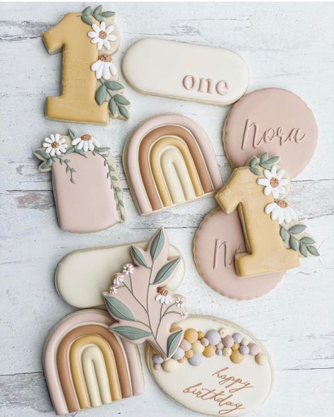 Sunshine Cookies, Kids Cookies, First Birthday Cookies, Rainbow First Birthday, 1st Birthday Girl Decorations, Boho Birthday Party, Rainbow Cookies