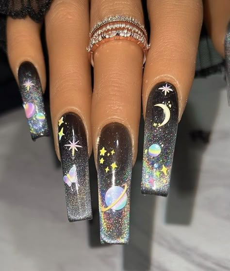 Space Acrylic Nails, Galaxy Acrylic Nails, Space Themed Nails, Taurus Nails Designs, Magical Nails, Theme Nails, Cosmic Nails, Planet Nails, Galaxy Nail Art