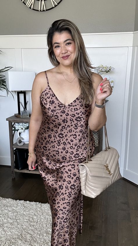 Maxi length satin like brown cheetah print slip dress. Leopard Slip Dress Outfit, Slip Dress Date Night, Dress Date Night Outfit, Slip Dress Outfit, Dress Date, Dress Date Night, Cheetah Dress, Black Linen Dress, Dress Outfit