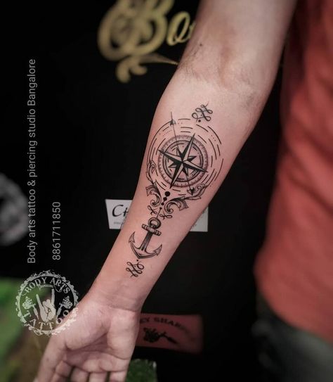 Anchor And Compass Tattoo For Men, Anchor Tattoo For Men Forearm, Simple Compass Tattoo Men, Compass With Anchor Tattoo, Hand Compass Tattoo, Anchor Forearm Tattoo, Compass And Anchor Tattoo, Anchor And Compass Tattoo, Compass Tattoos Arm