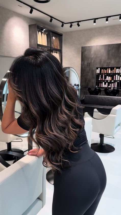 balayagehair Brunette Black Balayage Hair, Dark Balyage Long, Reverse Balayage Black Hair, Golden Blonde Balayage On Black Hair, Balyage Long Hair Brunettes, 2025 Color Trends, Balayage Black Hair, Balayage Black, Balyage Long Hair