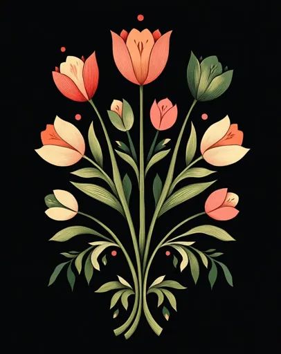 ↑↑↑ Larger size on website 🔸 A stylized floral arrangement with a symmetrical composition. The central focus is a cluster of tuli Drawing Of Tulips, Symmetrical Drawing, Art Nouveau Aesthetic, Nouveau Aesthetic, Symmetrical Composition, Sophisticated Aesthetic, Elegant Floral, Red Dots, Floral Arrangement