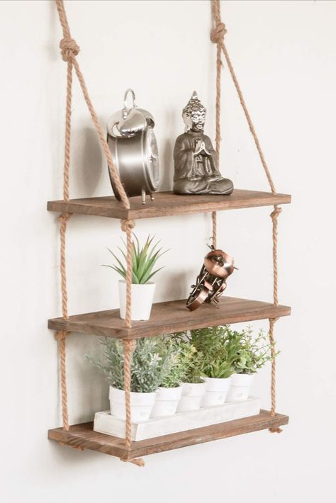 These vintage shelves has a rustic finish, availble in a dark wooden tone. These tiered shelves will look great in just about any room you could think of, living room, hallway or even outside on the patio. Hanging Rope Shelves, Rope Shelf, Wall Hanging Storage, Rustic Floating Shelves, Vintage Shelf, Rope Shelves, Country Style Decor, Mounted Shelves, Estantes Flotantes