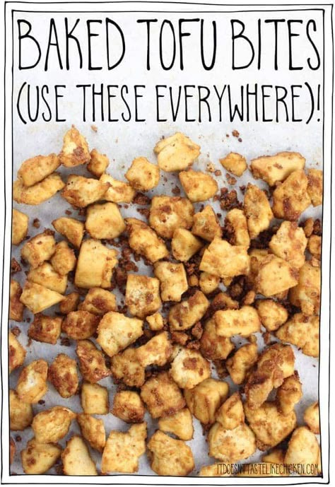 Baked Tofu Bites! An easy baked tofu recipe that is great on its own or can be used in so many dishes: on salads, in sandwiches, in tacos, on pasta, on nachos, as nuggets, the options are endless, use these everywhere! #itdoesnttastelikechicken #veganrecipes #tofu Tofu Baked, Tofu Bites, Tofu Recipes Easy, Resep Salad, Tofu Recipe, Vegan Tofu, Baked Tofu, No Calorie Foods, Whole Food Plant Based