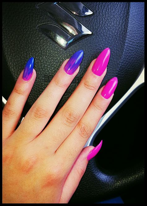 Fuschia with a touch of blue stiletto nails Hot Pink Blue Nails, Magenta And Blue Nails, Navy And Hot Pink Nails, Royal Blue And Hot Pink Nails, Royal Blue And Pink Nails, Dark Blue And Pink Nails, Fuschia Nails Design, Hot Pink And Blue Nails, Fuschia Nails