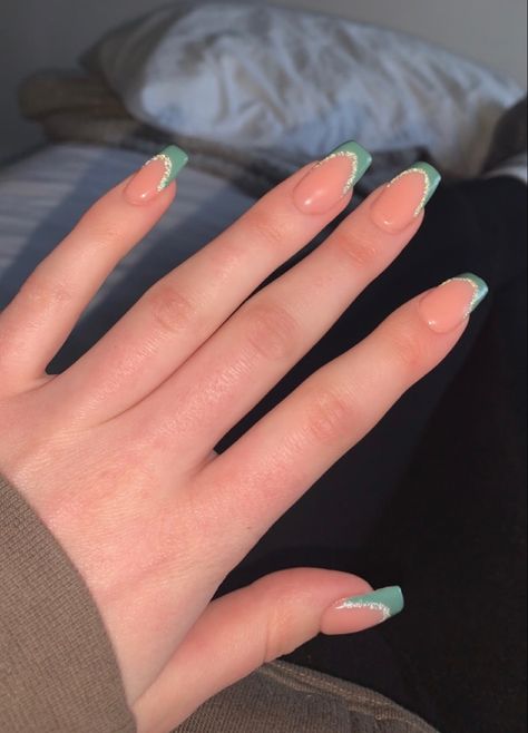 Cute Nails To Match Green Dress, Prom Nail Ideas Square, Nails That Match Sage Green Dress, Short Squoval Acrylic Nails Green, Sage Green Nail Ideas Square, Sage Green French Tip Nails Coffin, Birthday Nails Sage Green, Homecoming Nails Coffin, Nails For 5th Grade Graduation