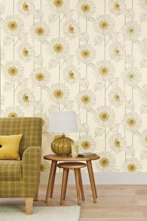 Mustard Yellow Decor, Sunflower Room, Eclectic Artwork, Yellow Furniture, Living Room Murals, 3d Wall Murals, Wallpaper For Sale, Green Furniture, Yellow Decor