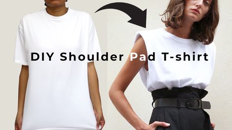 You have everything you need to upcycle this sporty shoulder pad t-shirt.  They're on the Frankie Shop for $75 or Mango for $30, but you can make it for free!  And there's a NO-SEW version as well! Diy Shoulder Pad Tshirt, Tshirt Sleeve Hacks, Shoulder Pad Top Outfit, T Shirt Sleeve Hacks, Diy Shoulder Pads, Shoulder Pad Tshirt, Upcycling Tshirt, Sew Upcycle, Sewing Upcycling