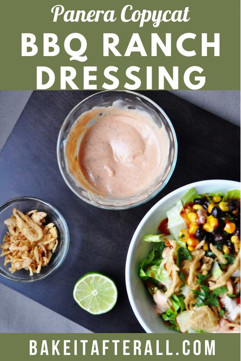 Panera BBQ Ranch dressing in a bowl with a bowl of the Panera BBQ Chicken Salad Panera Dressing Recipe, Bbq Ranch Salad, Family Salad Recipes, Barbecue Ranch Dressing, Panera Bbq Chicken Salad, Buttermilk Salad Dressing, Panera Bread Copycat, Bbq Ranch Dressing, Healthy Barbecue