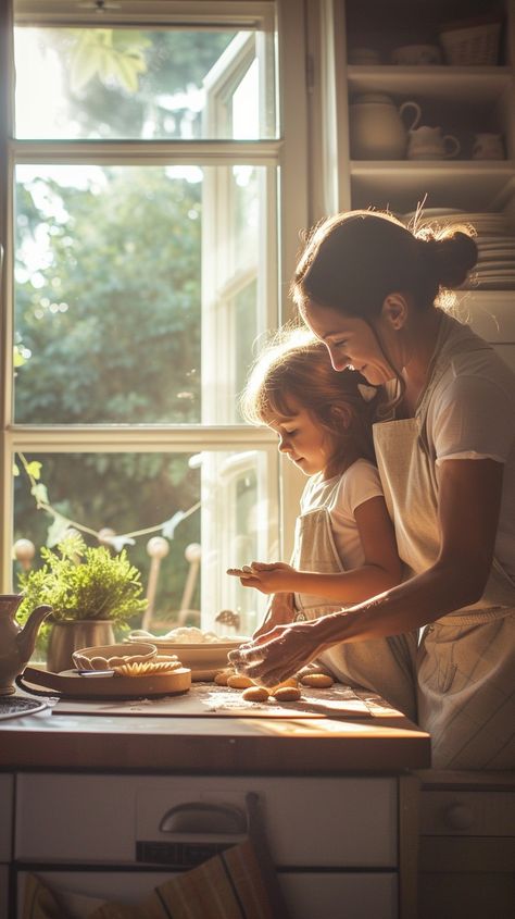 Baking Together Happily: A mother and her child enjoy a warm, peaceful moment baking together in a sunny kitchen. #mother #child #baking #kitchen #sunlight #aiart #aiphoto #stockcake ⬇️ Download and 📝 Prompt 👉 https://stockcake.com/i/baking-together-happily_187540_32811 Mommy And Me Baking Photoshoot, Kitchen Family Photos, Happy Mom Aesthetic, Mom And Baby Video, Family Cooking Together Photography, Kitchen Family Photoshoot, Fun Mom Aesthetic, Family Baking Photoshoot, Walkoff Wedding