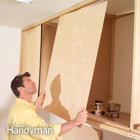 Garage Cabinets Diy, Do It Yourself Garage, Garage Cupboards, Plywood Doors, Cabinet Woodworking Plans, Sliding Cabinet, Sliding Cabinet Doors, Garage Storage Ideas, Large Garage