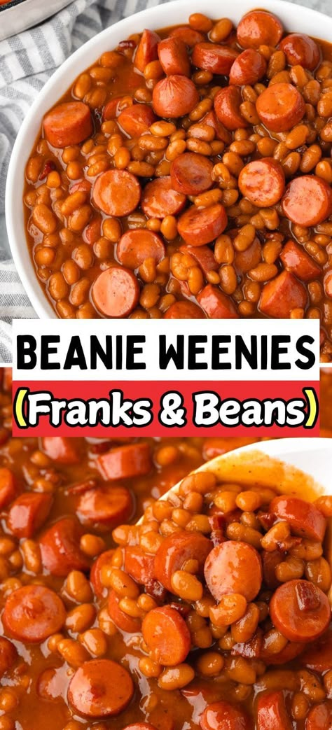 This easy, one-pot homemade beanie weenies recipe combines hot dogs, pork and beans, and a sweet-savory sauce. Ready in just 30 minutes for a quick, family-friendly meal! Beans And Weenies Recipes Crock Pot, Barbecue Weenies Crockpot, Crockpot Beanie Weenies, Pork N Beans And Weiners, Homemade Beanie Weenies, Wieners And Beans, Beenie Weenie Crockpot, Franks And Beans Recipe, Beanies And Weenies Recipes