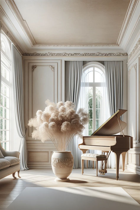 An exquisitely designed music room with high ceilings and large windows draped in elegant curtains. The room is centered around a light teak grand piano, with airy decorative bushes in a classic pot, capturing the timeless beauty of musical elegance. Grand Piano Decor, Grand Piano Room, Music Room Design, Piano Decor, Modern Classic Interior, Dream Music, Piano Room, Grand Piano, Elegant Interiors