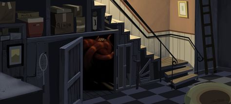 Artist: Isaac Orloff Basement Illustration, Haunted Basement, Flood Damage, Mood And Tone, Animation Background, Visual Development, Haunted Mansion, Environment Concept Art, Layout Inspiration