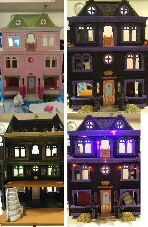 my daughters old doll house was turned into a haunted doll house. We spray painted the house black. Hand painted the trim purple.  For the interior we painted and used scrapbook paper for the walls, ribbon was glued with a hot glue gun for decor and adding Halloween stickers for additional decor as well. Lastly we added some glow in the dark paint and battery operated purple & orange lights for a great finished piece. We love it! Doll House To Haunted House, Dollhouse Transformation, Old Doll House, Haunted Doll House, Spooky Miniatures, Halloween Dollhouse, Halloween Houses, Haunted House Diy, Dollhouse Halloween