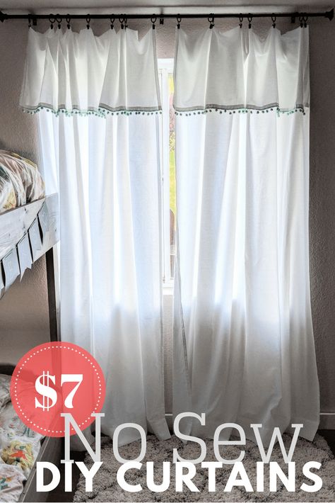 No Sew DIY Curtains out of bed sheets. Easy DIY tutorial for boho style curtains that cost around $7 each to put together.  #diycurtains #bohocurtains #nosew Diy Bedroom Curtains, Boho Style Curtains, Diy Bed Sheets, Curtain Tutorial, Sew Curtains, Sheet Curtains, Sewing Curtains, Homemade Curtains, Curtains Diy