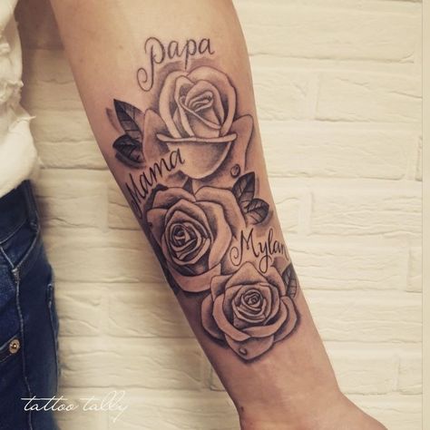 Roses Tattoo With Name, 5 Roses Tattoo, Arm Tattoos With Names, 3 Names Tattoo Ideas For Women, Roses With Names Tattoos, Flowers With Names Tattoo, Rose And Name Tattoo, Rose With Name Tattoo, Rose Forearm Tattoo