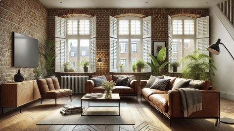 London apartment with white shutter, brown leather sofa, and exposed brick wall. Cosy Family Room, Brick Living Room, White Shutters, Brown Leather Sofa, London Flat, London Apartment, Brick Walls, Exposed Brick, Brick Wall