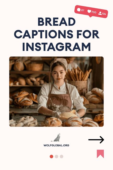 Female baker with fresh bread, social media engagement icons, "Bread Captions for Instagram" text.
Illustration of a list celebrating bread with puns, a call to action button, and a website link.
Promotional image for Wolf Global, featuring a woman using a laptop with social media engagement graphics. Captions For Foodies, Pastry Quote, Bakery Puns, Baking Instagram, Bread Ideas, Captions For Instagram Posts, Cake Quotes, Bakers Gonna Bake, Bun In The Oven