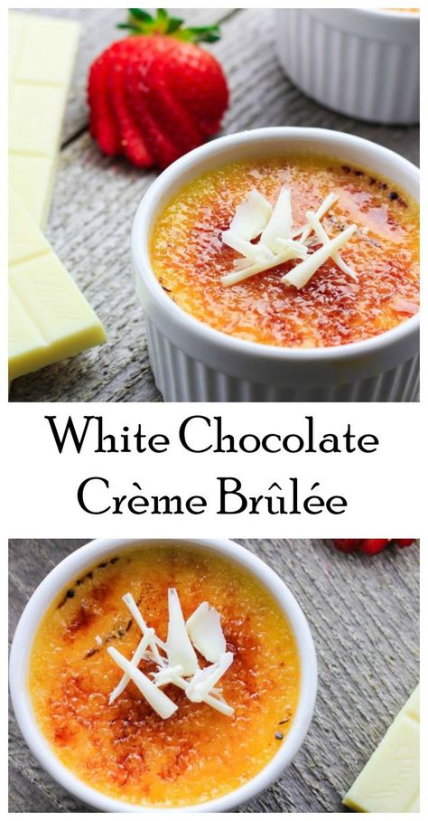 Caramelized sugar crust with a creamy white chocolate custard. White Chocolate Creme Brulee, Creme Brulee Recipe Easy, Chocolate Creme Brulee, Cottagecore Recipes, Dreamy Desserts, Bread Puddings, Creme Brulee Recipe, Brulee Recipe, Chocolate Custard