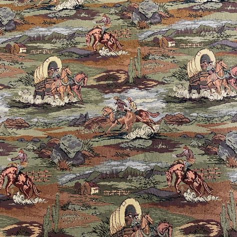 Vintage Western Cowboy Themed Tapestry Fabric, Cowboys On Horseback, Horse Drawn Covered Wagons, Backed Fabric   Approximate dimensions 52"x59" This gorgeous western patterned tapestry style fabric is backed with another piece of fabric. They are sewn together around the perimeter. This strong fabric is perfect for making pillows.  Visit Mema's Bounty Vintage Etsy Shop. Follow @ memasbounty on Facebook & Instagram Cowboy Tapestry, Covered Wagons, Making Pillows, Horse Fabric, Covered Wagon, On Horseback, Tapestry Fabric, Horse Drawn, How To Make Pillows