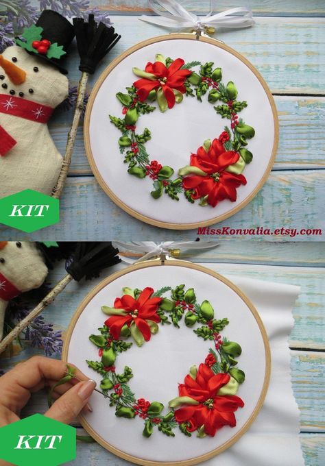 Silk ribbon embroidery kit  / Christmas wreath ornament / Poinsettia flower  /misskonvalia.etsy.com Embroidery Christmas Ornaments, Silk Ribbon Embroidery Tutorial, Silk Ribbon Embroidery Patterns, Diy Beginner, Wall Art Tutorial, Ribbon Embroidery Kit, Ribbon Embroidery Tutorial, Embroidery Wall Art, Embroidery Christmas