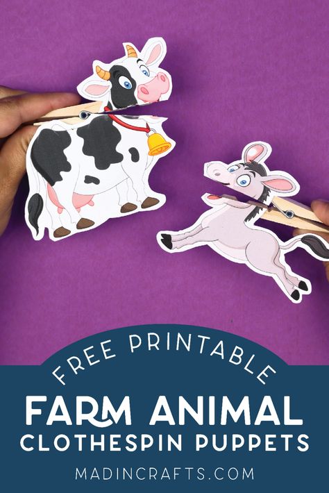 PRINTABLE FARM ANIMAL CLOTHESPIN PUPPETS Crafts Mad in Crafts Clothespin Puppets, Farm Animals Activities, Farm Preschool, Free Printable Crafts, Cleaning And Organizing, Puppet Crafts, Farm Crafts, Farm Birthday Party, Clothes Pin Crafts