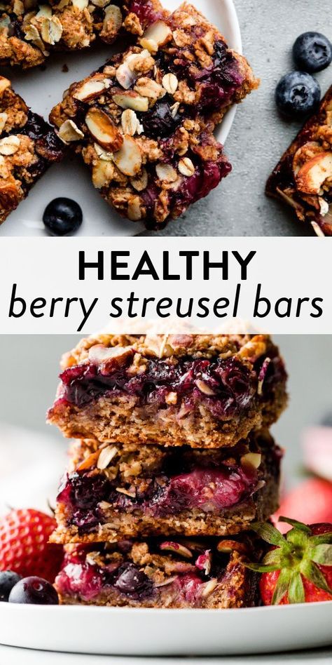 These healthy mixed berry streusel bars are made with wholesome ingredients like oats, almond butter, fresh berries, and pure maple syrup. This is an easy healthy dessert and they actually taste good, too! #healthyrecipes #healthydesserts #glutenfree #vegan Trail Bars, Berry Streusel, Blondies Recipes, Easy Healthy Dessert, Streusel Bars, Homemade Strawberry Sauce, Healthier Meals, Snacks Easy, Sally's Baking